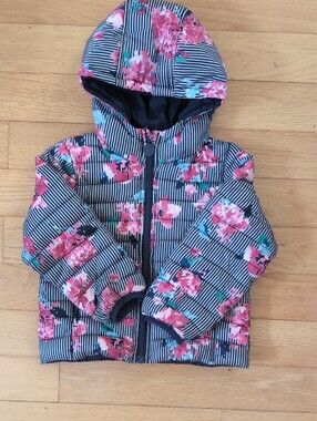 Joules Kids Puffer Jacket in Navy with Pink Graphic